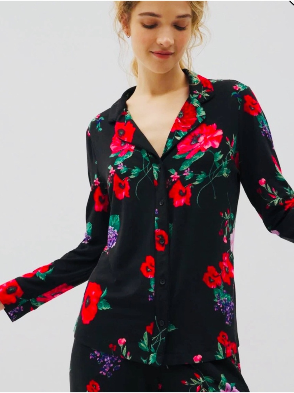 Soma Black Floral Button-Down Pajama Set with Red & purple Blooms